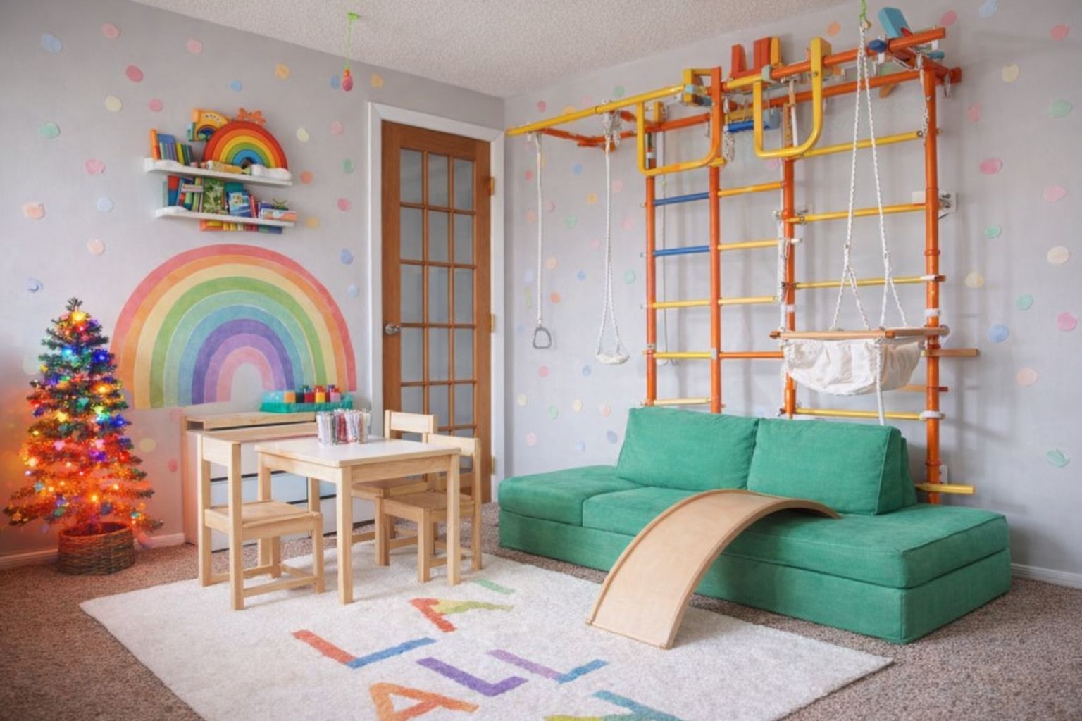 Värikäs lasten leikkihuone, jossa on kiipeilyseinä ja puinen pöytäryhmä.